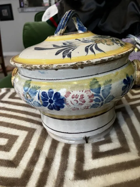 Early POLYCHROME 18th C Antique Dutch Delft Tureen RARE Cracked & Stapled Floral