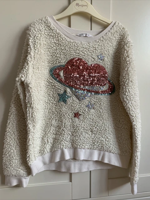 Girls Fleece Sweatshirt Age 8-10 H&M Cream With Pink Sequins Hearts Stars VGUC