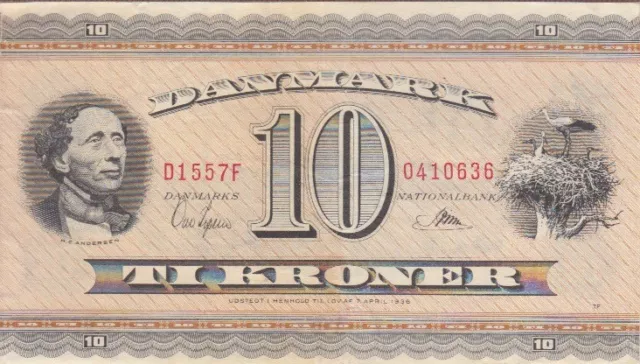 Denmark Banknote P. 44d-0636 10 Kroner 1955 Prefix D1, VF-EF,  WE COMBINE   2001