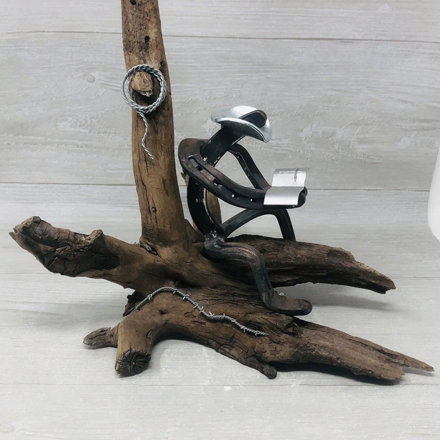 Driftwood Horseshoe Cowboy Statue Handmade Vintage Christian Western Decor