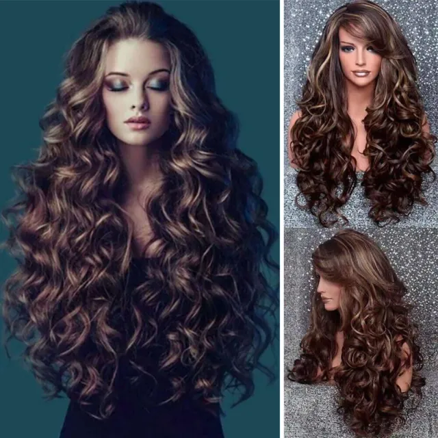 Women Ombre Long Curly Wigs Brown Real Body Wave Hair Full Wigs Cosplay Natural