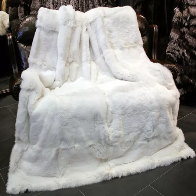Real Fur Throw Whole Rabbit Fur Blanket Luxury Bedspread Natural white 80inx80in