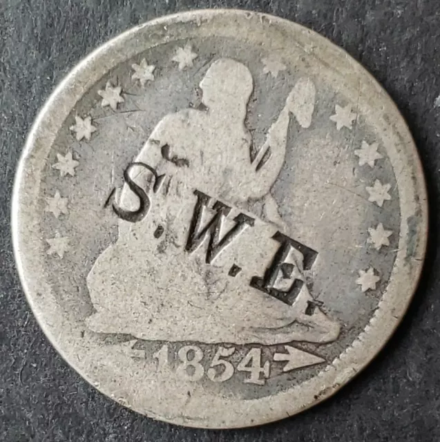 1854 25c Seated Liberty Silver Quarter Dollar Stamped with "S.W.E."