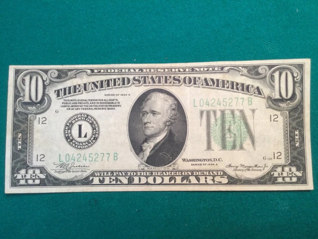 San Francisco $10 Hamilton Series 1934A Ten  Dollar Federal Reserve Note
