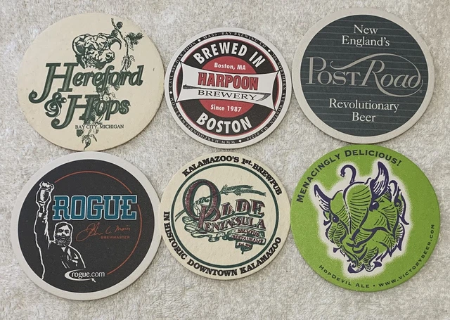 6 Different Older Micro Brewery Beer Coasters - Hop Devil -Rogue - Hereford Hops