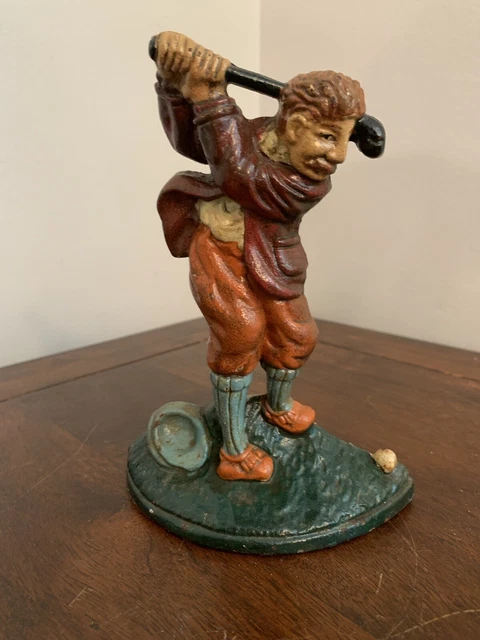 VINTAGE CAST IRON GOLFER UPPER DECK LTD DOORSTOP/Bookend/Paper Weight  8”