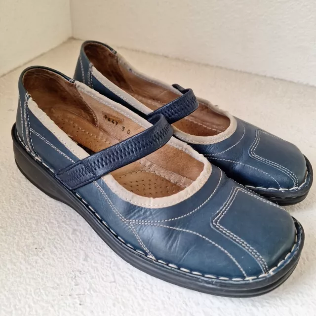 Josef Seibel Shoes Womens 37 Blue Leather Comfort Mary Jane Stretch Strap Flats