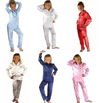 Kids Satin Long Sleeve Pyjamas pj's Nightwear Children Sleep Girls 2-13 Boys