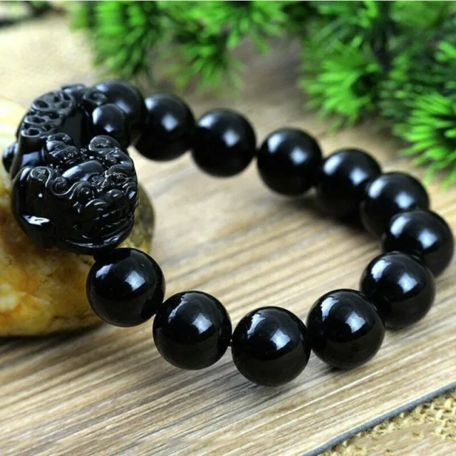 12mm Feng Shui Black Obsidian Wealth Pixiu Bracelet Lucky Beaded Men Wirstband