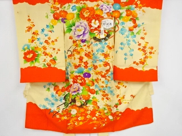 02718# Japanese Kimono / Antique Kimono For Girls / Embroidery / Floral Cart