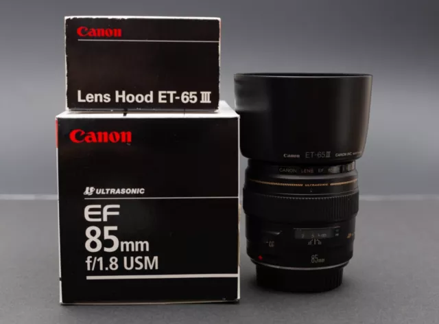 Near MINT Canon EF 85mm f/1.8 USM Ultrasonic Telephoto Prime/Plus ET65 Hood