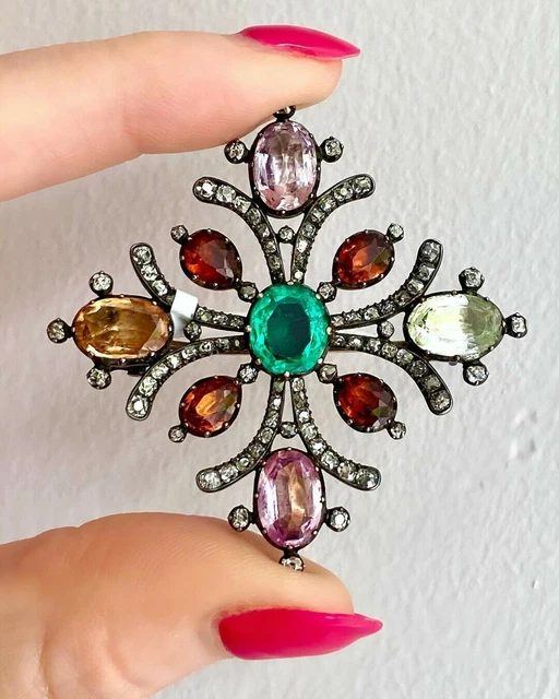 Vibrant Color Maltese Cross Brooch Antique Jewelry Multicolor CZ 925 Silver