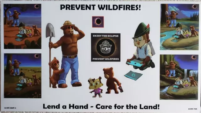 Smokey Bear & Woodsy Owl Eclipse Sticker Sheet Prevent Wildfires **NEW**