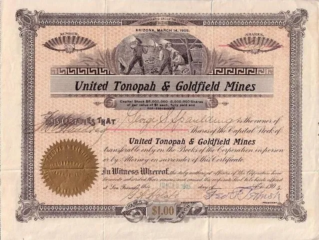 UNITED TONOPAH & GOLDFIELD MINES    1905 stock certificate