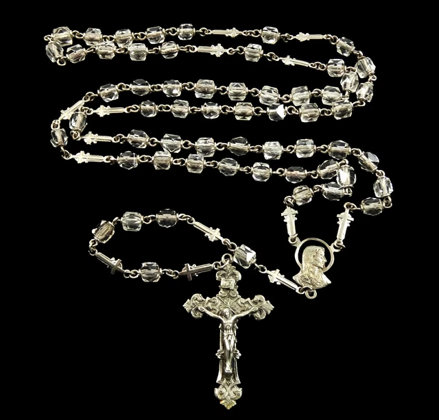 Gloria Sterling Silver Rosary Clear Glass Beads Cross Spacers Fleur Lys Crucifix
