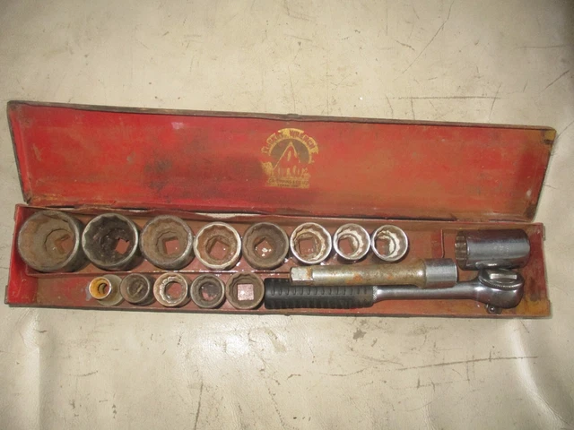 Vintage Tipco 16 Piece Socket Set 1/2" Drive - Whitworth Sockets In A Tipco Case