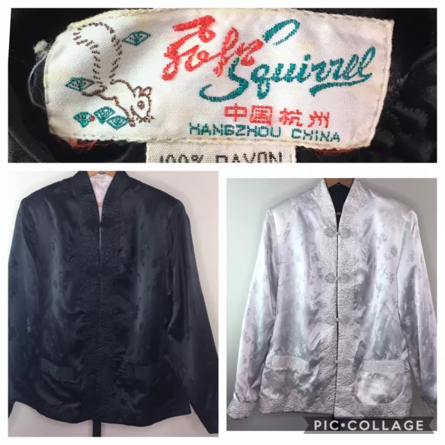 Solz Squirrel Satin Reversible Asian Jacket 42" Black White Chinese Traditional Solz Squirrel Satin Reversible Asian Jacket 42" Black White Chinese Traditional