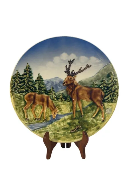 Schramberg Germany Majolica Hand Painted Relief Molded Deer 9 1/2 Inch Plate