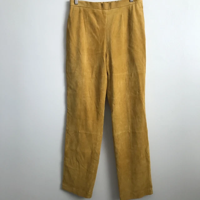 Vintage Terry Lewis Pants Women 8 Yellow Suede Leather Straight Leg Satin Lined