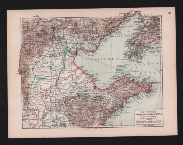 Landkarte map 1912: Die Provinzen Tschi-Li und Schan-Tung. China Peking