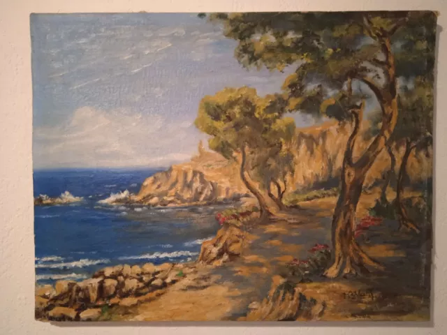 Peinture sur toile XX ème paysage bord de mer méditerranéen signée