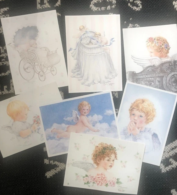 LOT of 7 Vtg FLORAL  BABY ANGEL Watercolor Greeting CARDS Suitable to Frame