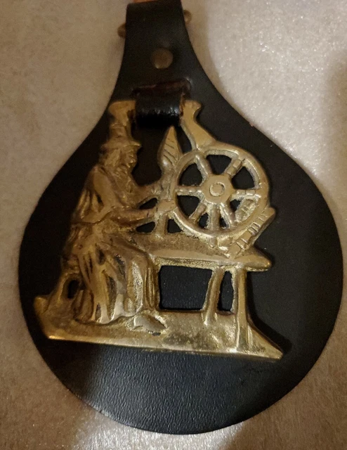 Vintage Brass Horse Bridle Harness Medallion Spinning Wheel Scene