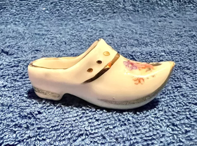 Vtg Limoges France porcelain miniature Dutch shoe hand painted pink rose/gold tr