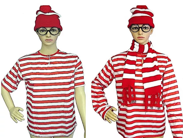 Wheres Wally Beanie Hat Scarf Glasses Boys Girls Kids Full Costume