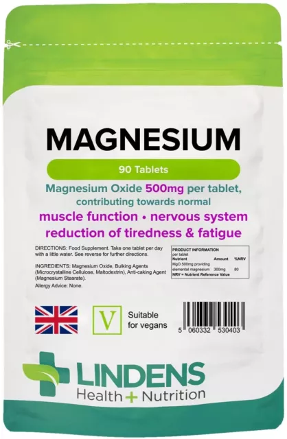 Lindens Magnésium Mgo 500mg Comprimés (90 Paquet) Fatigue Et Fatigue