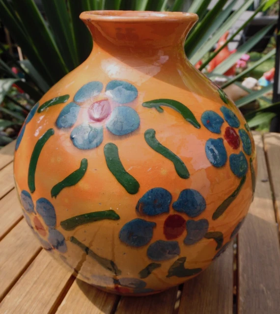 Vase Boule Sur Pied En Terre Cuite – Décor Abstrait Africain – Signé MC 91 – Occasion