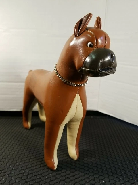 Vintage 1960 Tomi Leather Stuffed Boxer Dog Figurine MCM with collar brown white