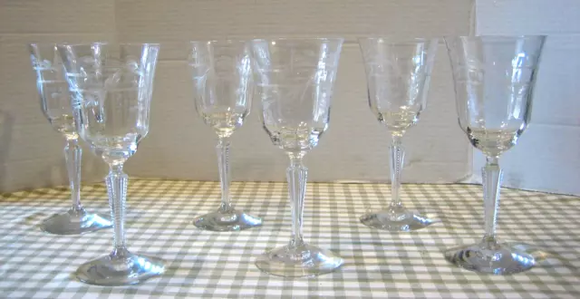 Antique Crystal Etched Cut Glass Water Wine Glasses 8 oz. Goblets Set of 6