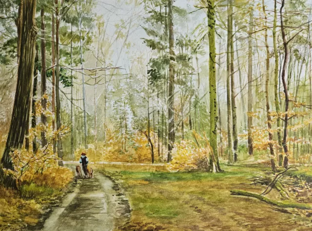 Aquarellbild Original 47x35 cm, Landschaft, Spaziergang in Wald