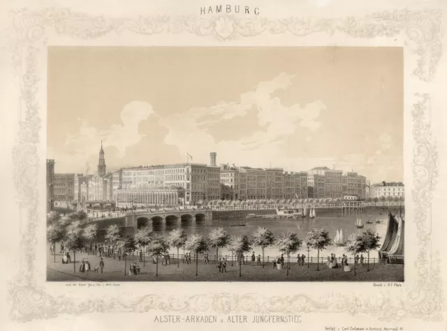 Hamburg Alsterarkaden und Jungfernstieg Original Lithografie Heuer 1850