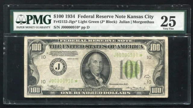 FR.2152-Jlgs* 1934 $100 *STAR* LGS LIGHT GREEN SEAL FRN KANSAS CITY,MO PMG VF-25