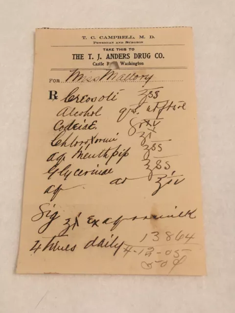 Antique Rx Prescription Codeine 1905 Paper Ephemera Castle Rock WA Pharmacy #5