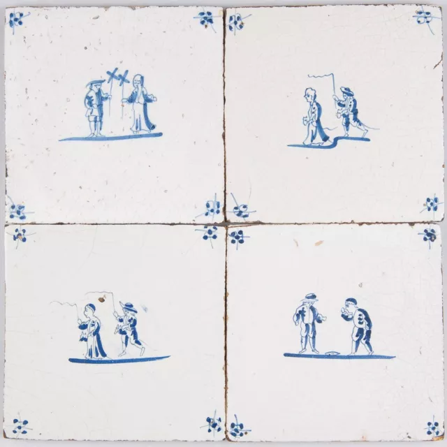 Nice set of 4 Dutch Delft Blue tiles, childplay, 18th century.