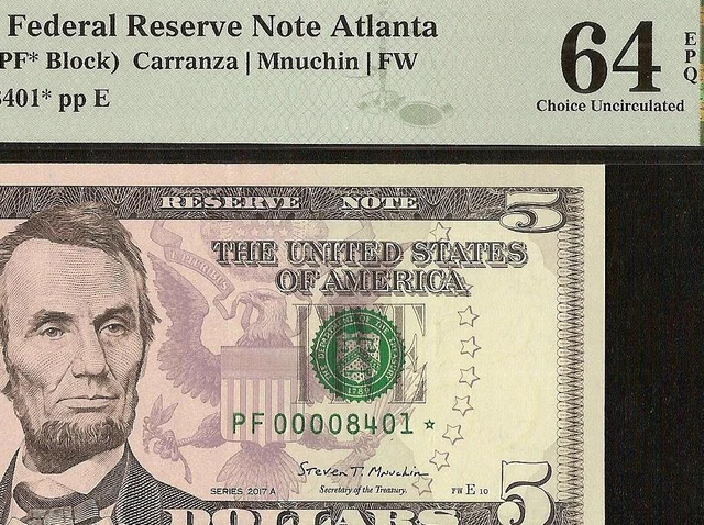 2017A $5 BILL LOW NUMBER 8401 STAR NOTE FRN Fr 1998-F* PMG 64 EPQ