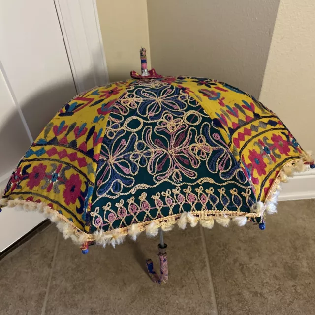 50s TAPESTRY ANTIQUE VICTORIAN EDWARDIAN EMBROIDERD PARASOL UMBRELLA 25” Vtg