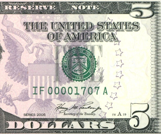 ((Four Digit)) $5 2006 (( Gem )) (( 00001707 )) Low Serial Number Currency