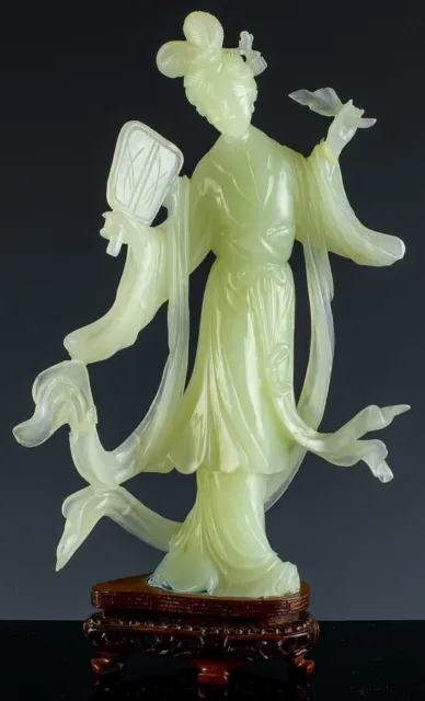 Fine Old Chinese Carved Green Jade Female Immortal Figure With Fan & Wood Stand
