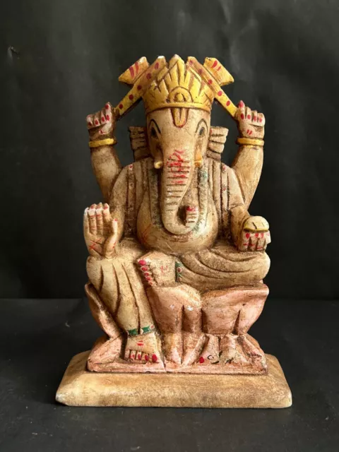 19c Raro Viejo Antiguo Mano Pintado Mármol Piedra Lord Ganesha Escultura Figura