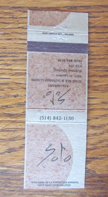 Japanese Restaurant Matchbook Cover: Soto Montreal, Quebec Empty Matchcover -C8