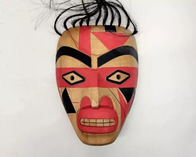 Pacific Northwest Coast Warrior Mask Alder Wood Horse Hair Hand Carved Haida 2