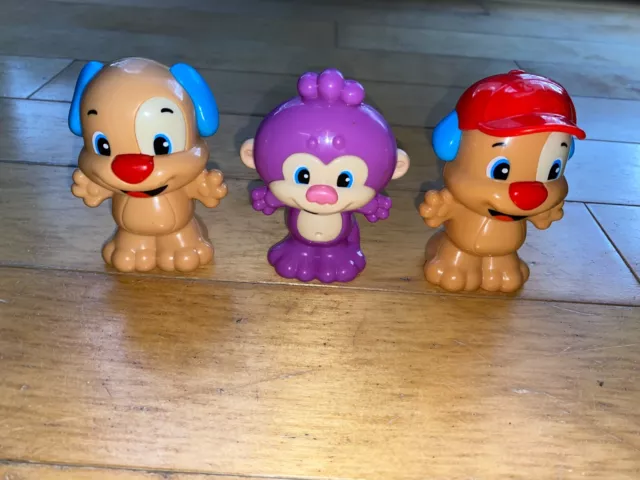 Fisher Price Laugh & Learn Purple Monkey & 2 Dog 3.5" Plastic Rattle Lot of 3