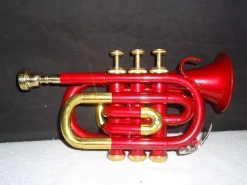 NEW HIGH QUALITY RED COLOURED BRASS Bb FLAT POCKET TRUMPET FREE HARD CASE+M/P