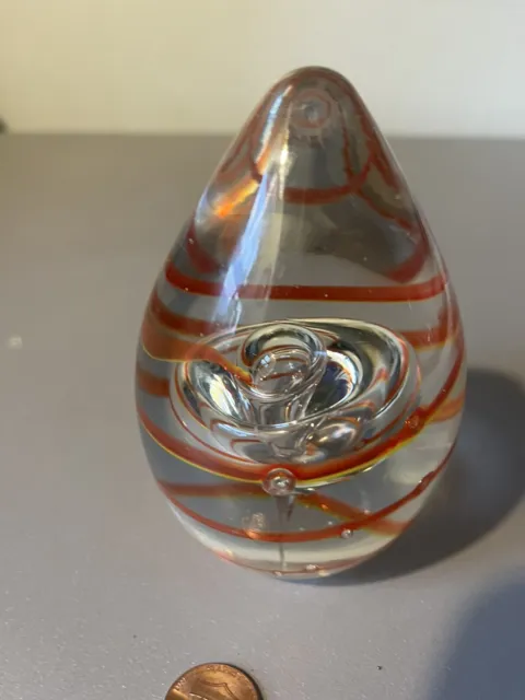 Hand Blown Art Glass Egg-Shaped Paperweight Orange Swirl