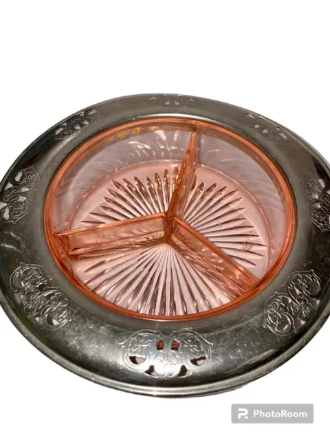 Princess Pink Depression Glass Dish Intricate Silver Edges Faberware USA made