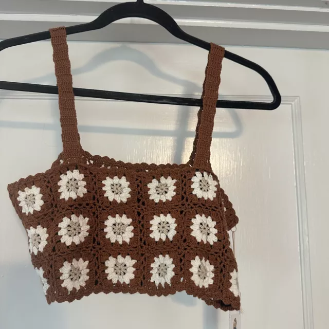 Lucca Couture Top Womens A Small Rust Brown Daisy Crochet Cropped Sleeveless